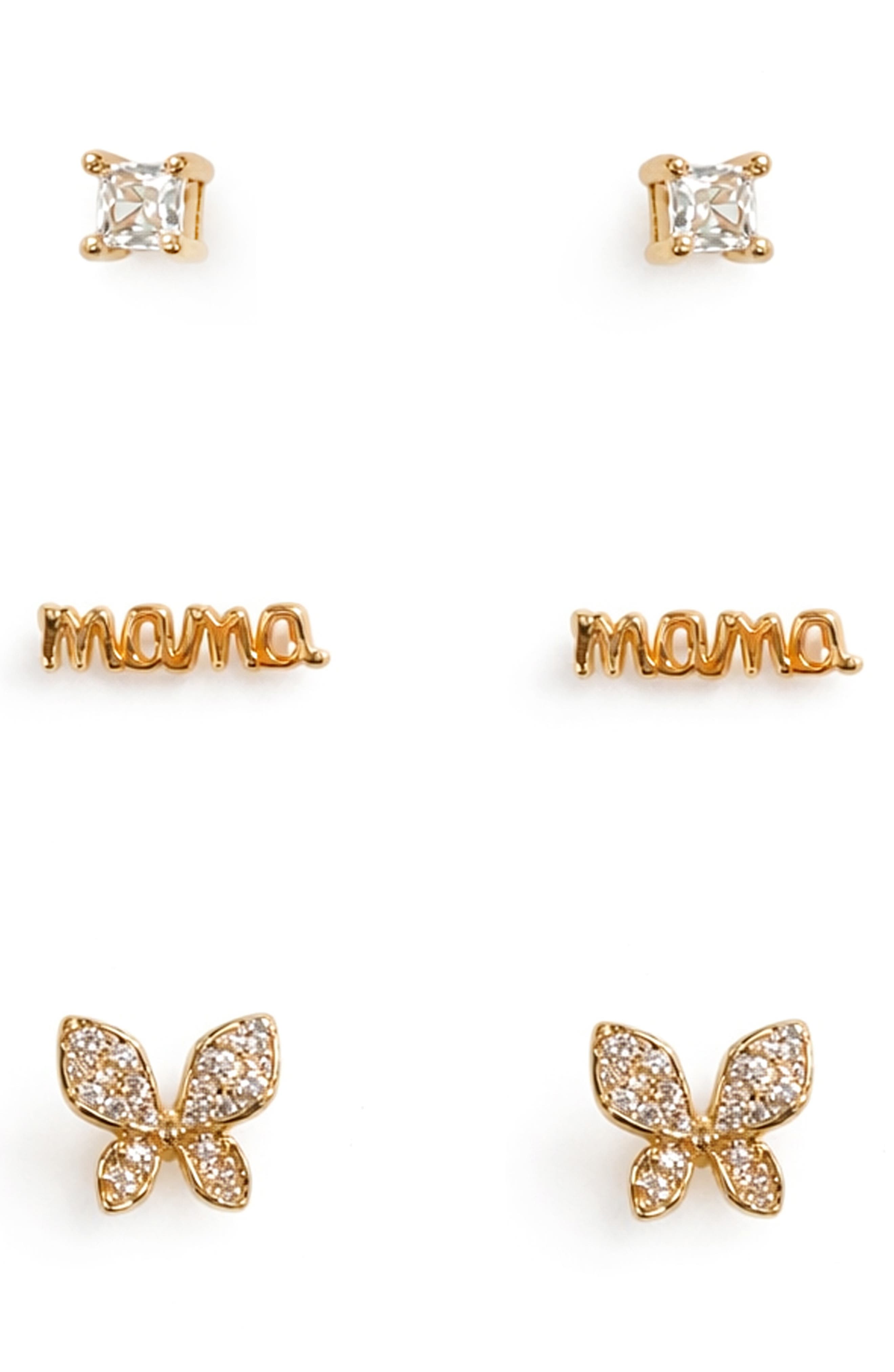 Panacea Set of 3 Cubic Zirconia Mama Butterfly Stud Earrings