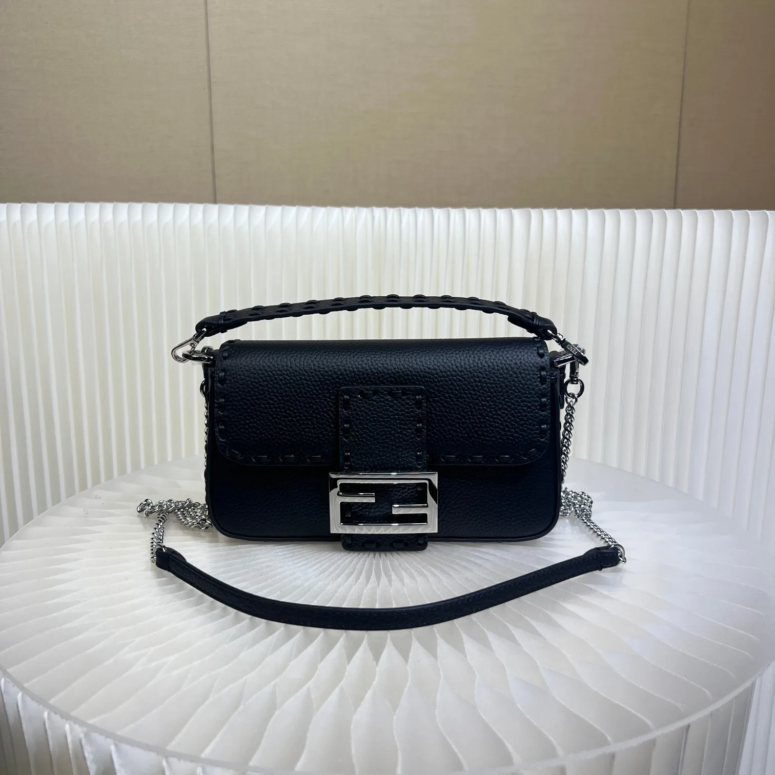 Fendi Black Baguette Grained Leather Shoulder Bag product photo from LabelPicks