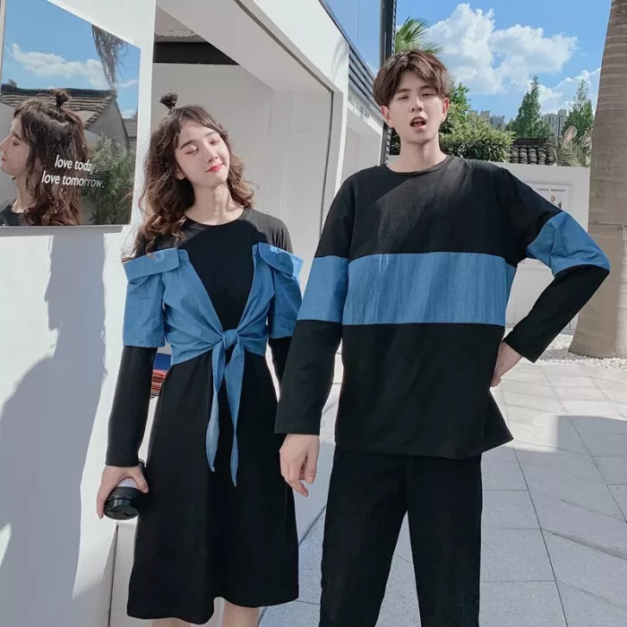 Couple denim hoodie sweatshirt clothing college fashion korean style lovers women dress family look matching clothes outfit wear
