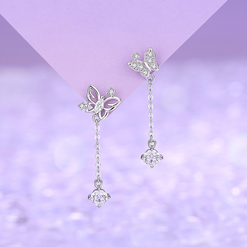 Original butterfly and rose earrings, women's sterling silver, Korean style, delicate and fresh, forest-inspired, with tassels, lightweight and luxurious, high-end earrings