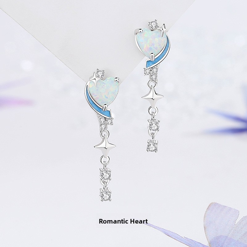 Original Romantic Heart Earrings for Women, Summer Fresh Style, Heart-Shaped Opal Tassel Earrings, Light Luxury and High-End Earrings