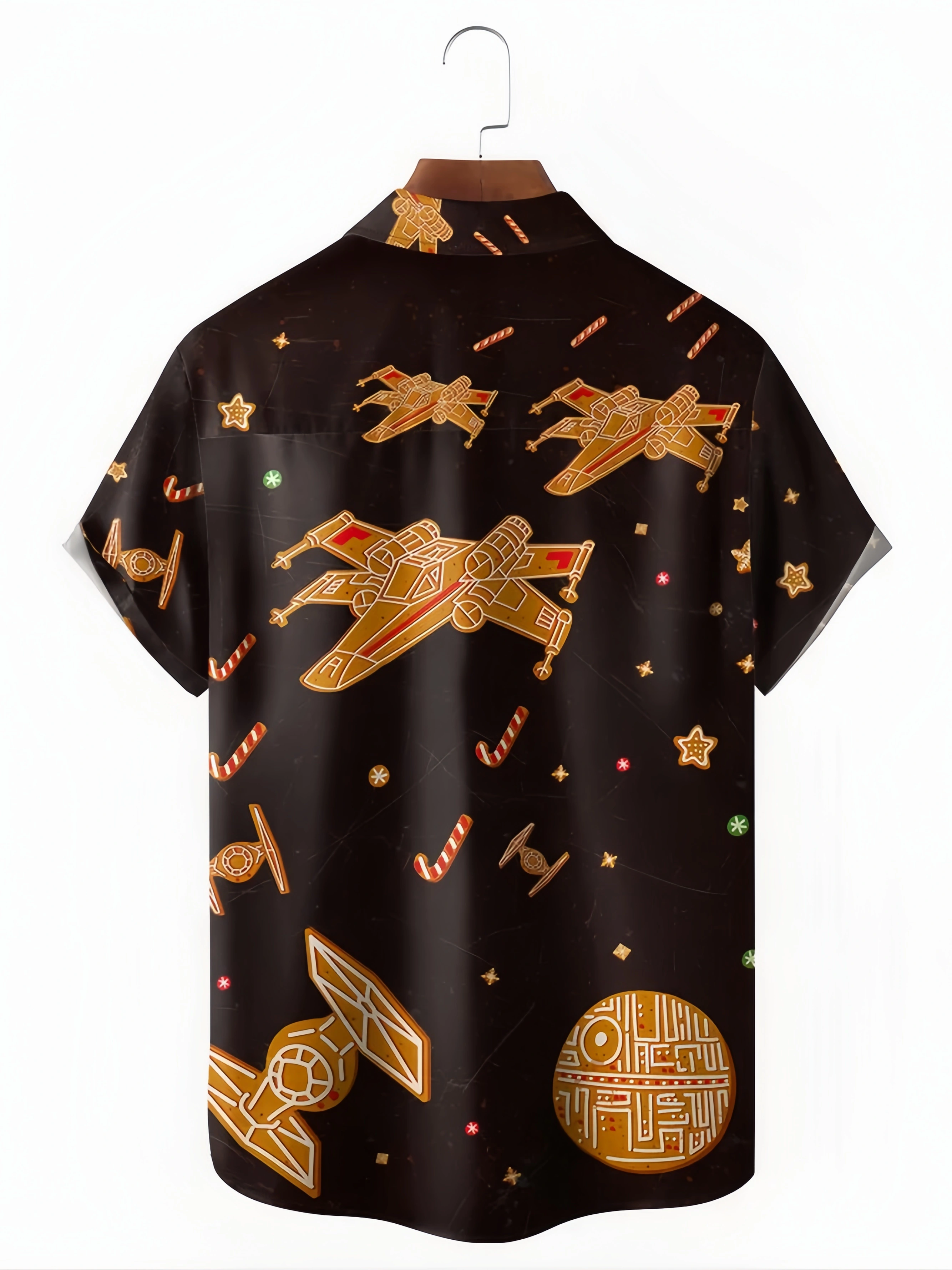 Christmas Spaceship Chest Pocket Short Sleeve Casual Shirt