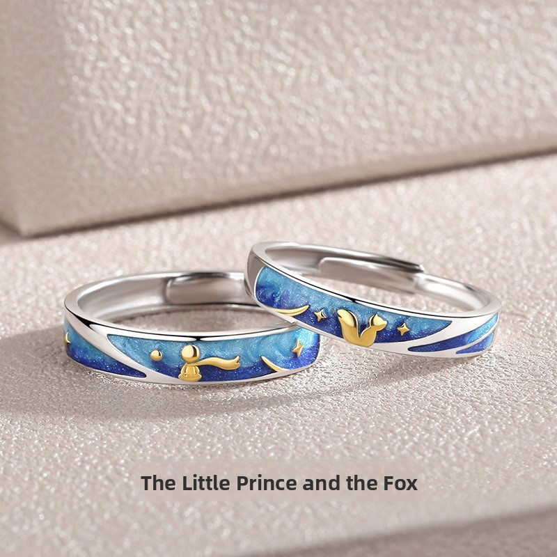 Original Little Prince couple rings, made of 925 sterling silver, a pair of rings for men and women, featuring a unique design and an adjustable opening