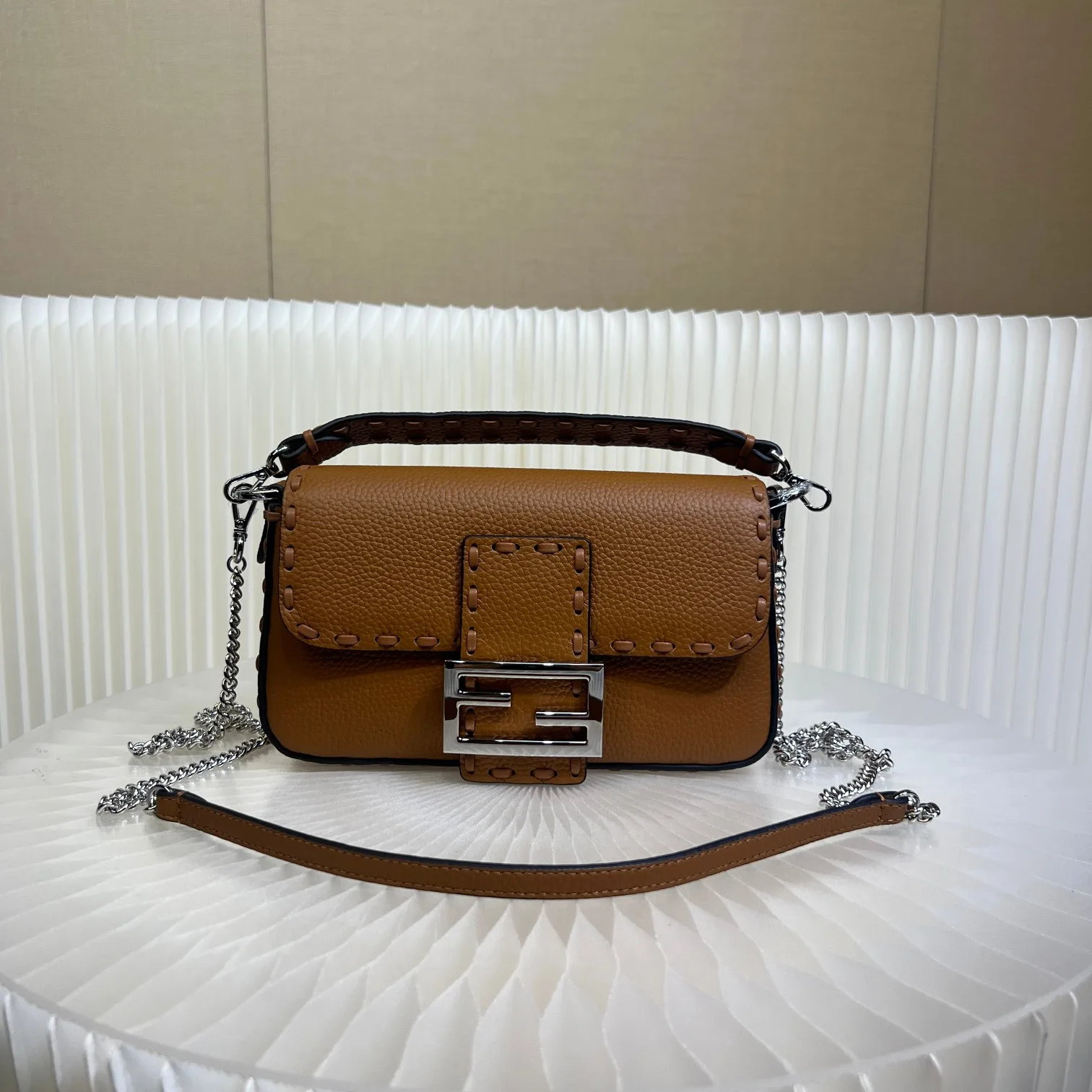Fendi Brown Baguette Grained Leather Shoulder Bag product photo from LabelPicks