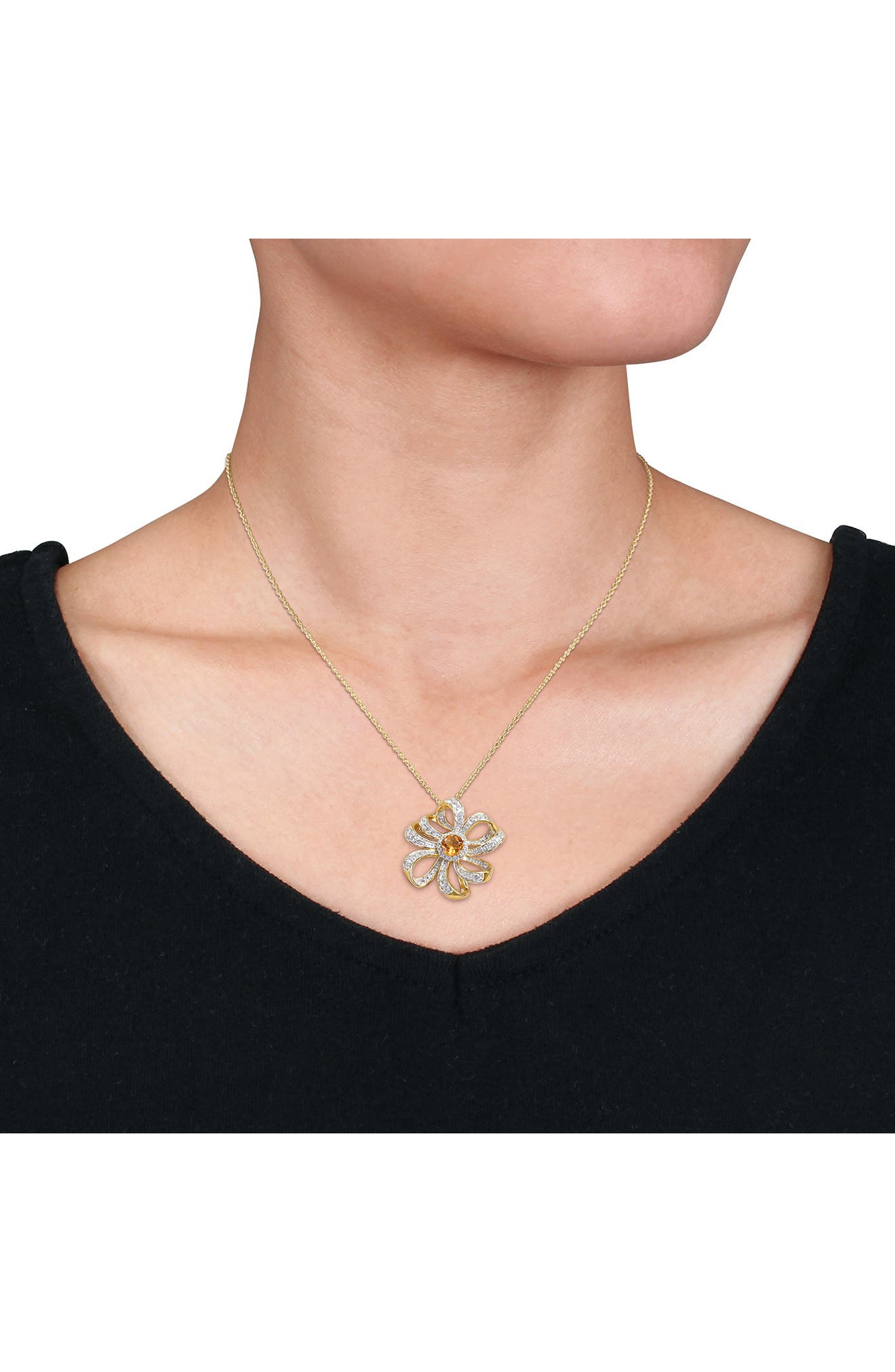 DELMAR 10K Yellow Gold Plated Sterling Silver Madeira Citrine White Topaz Flower Pendant Necklace