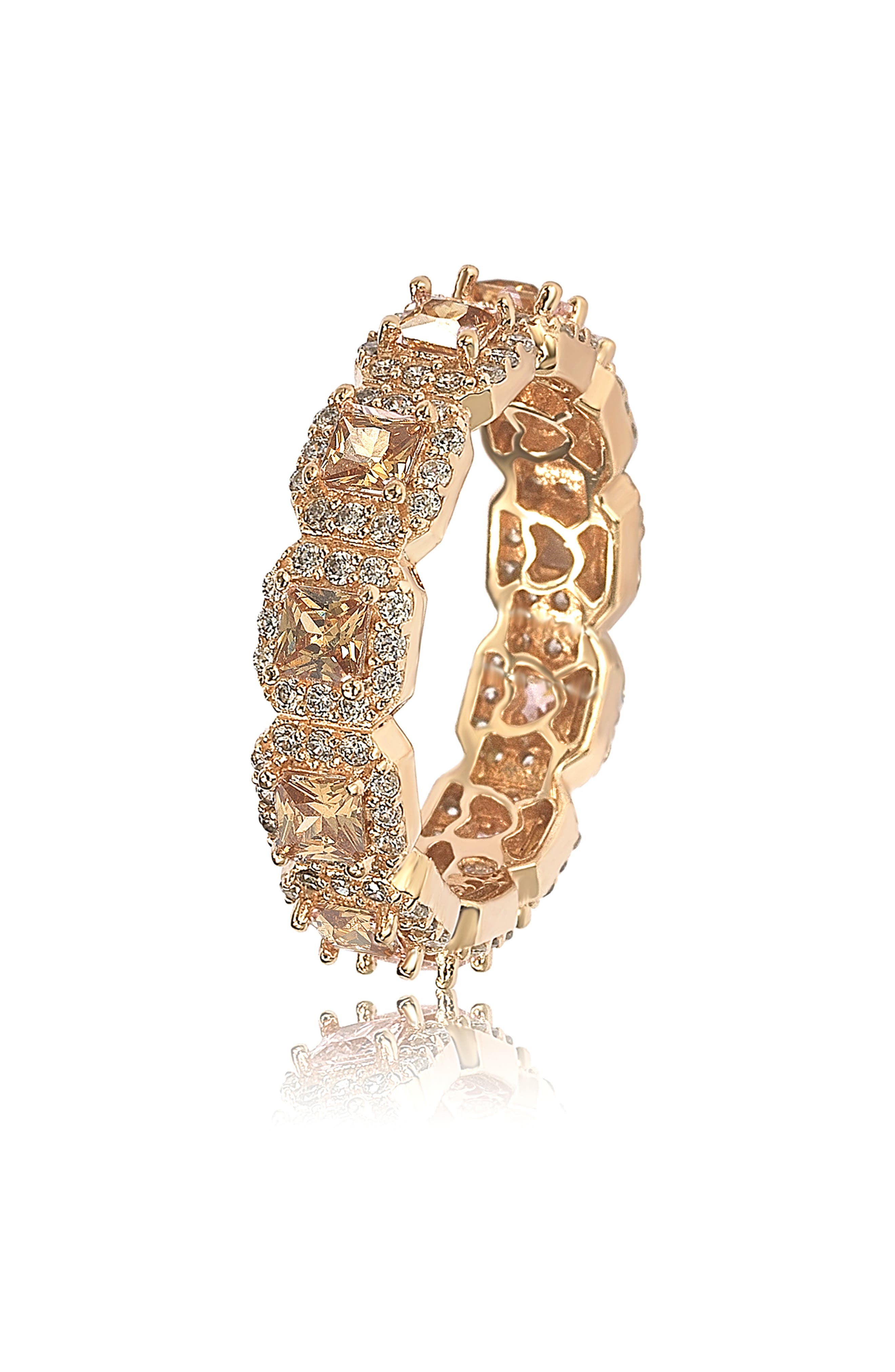 SUZY LEVIAN 14K Rose Gold Plated Sterling Silver Asscher Cut Brown & White Cubic Zirconia Band Ring