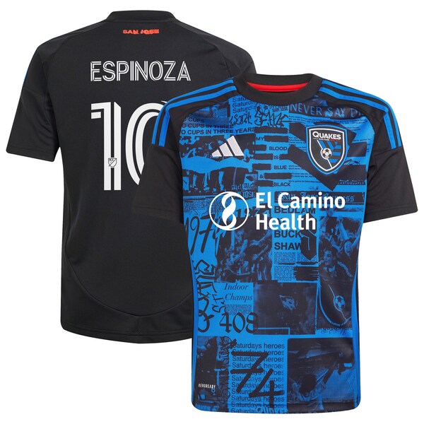 Cristian Espinoza San Jose Earthquakes adidas Youth 2025 Headliner Replica Player Jersey - Black