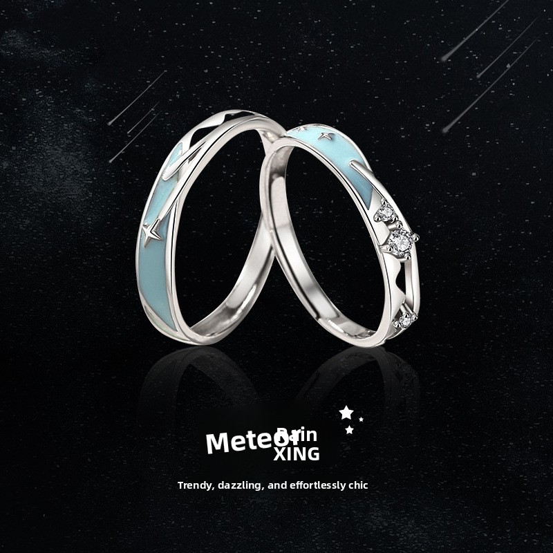 Luminous 999 pure silver meteor shower couple rings, Korean-style original design, unique and trendy, star-shaped matching rings, a 520 gift