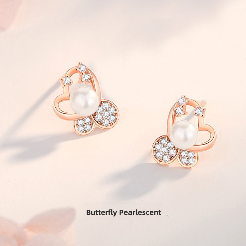 Original butterfly pearl earrings for women, 925 sterling silver with micro-inlaid zircon, high-end earrings, compact silver studs, ins-style ear accessories