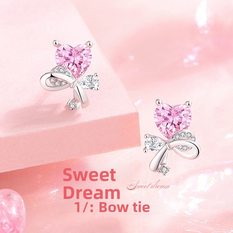 Heart-shaped bow earrings, 925 sterling silver, Korean style, delicate and sweet, pink cubic zirconia earrings, trendy Instagram-style jewelry