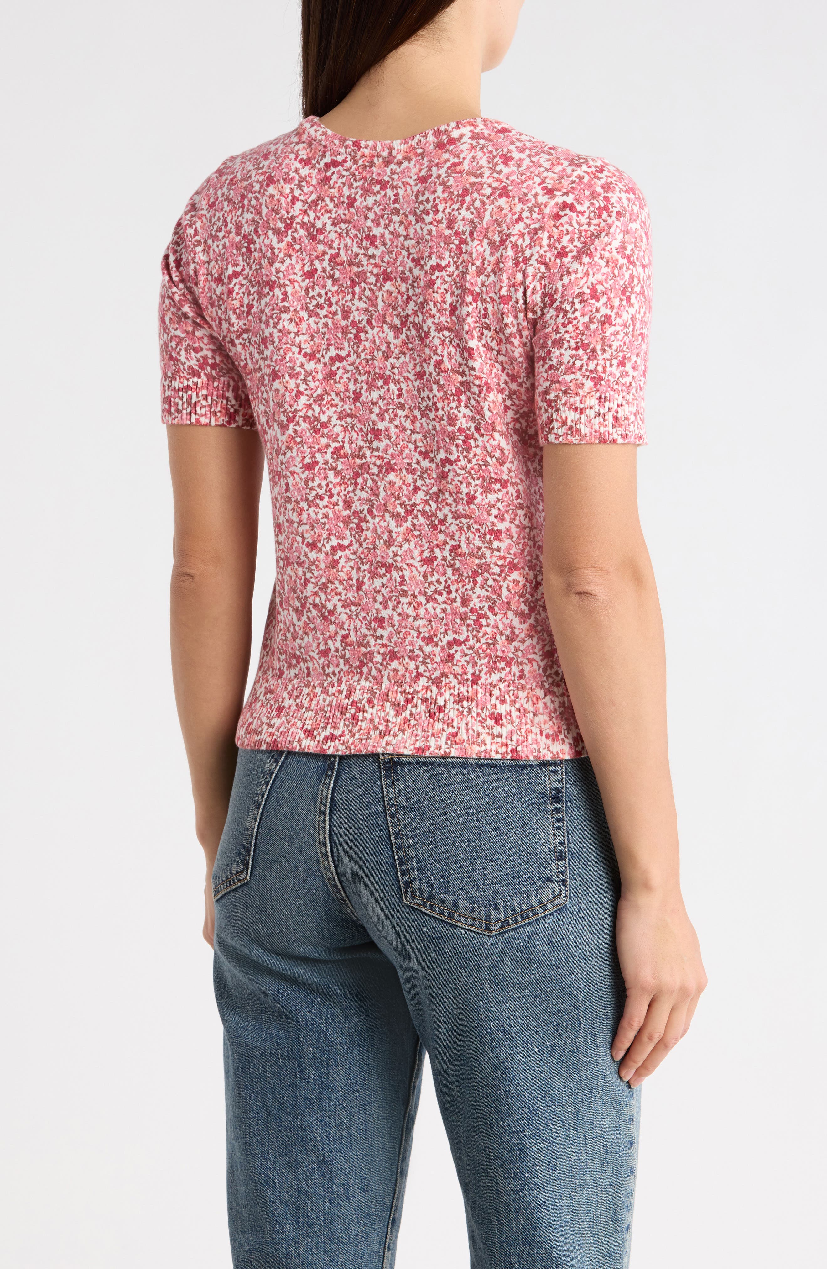 1.STATE Floral Short Sleeve Cotton Sweater
