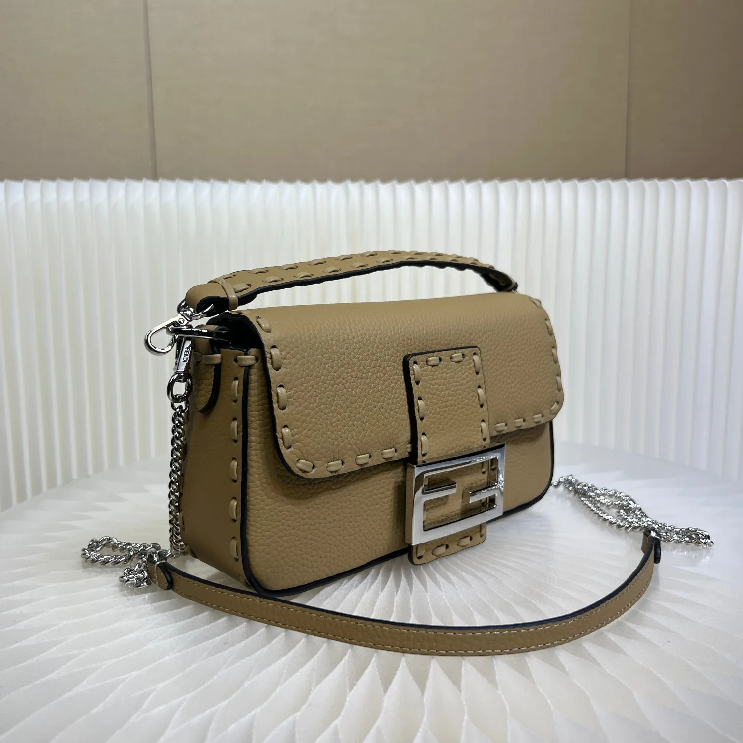 Fendi Beige Baguette Grained Leather Shoulder Bag product photo from LabelPicks