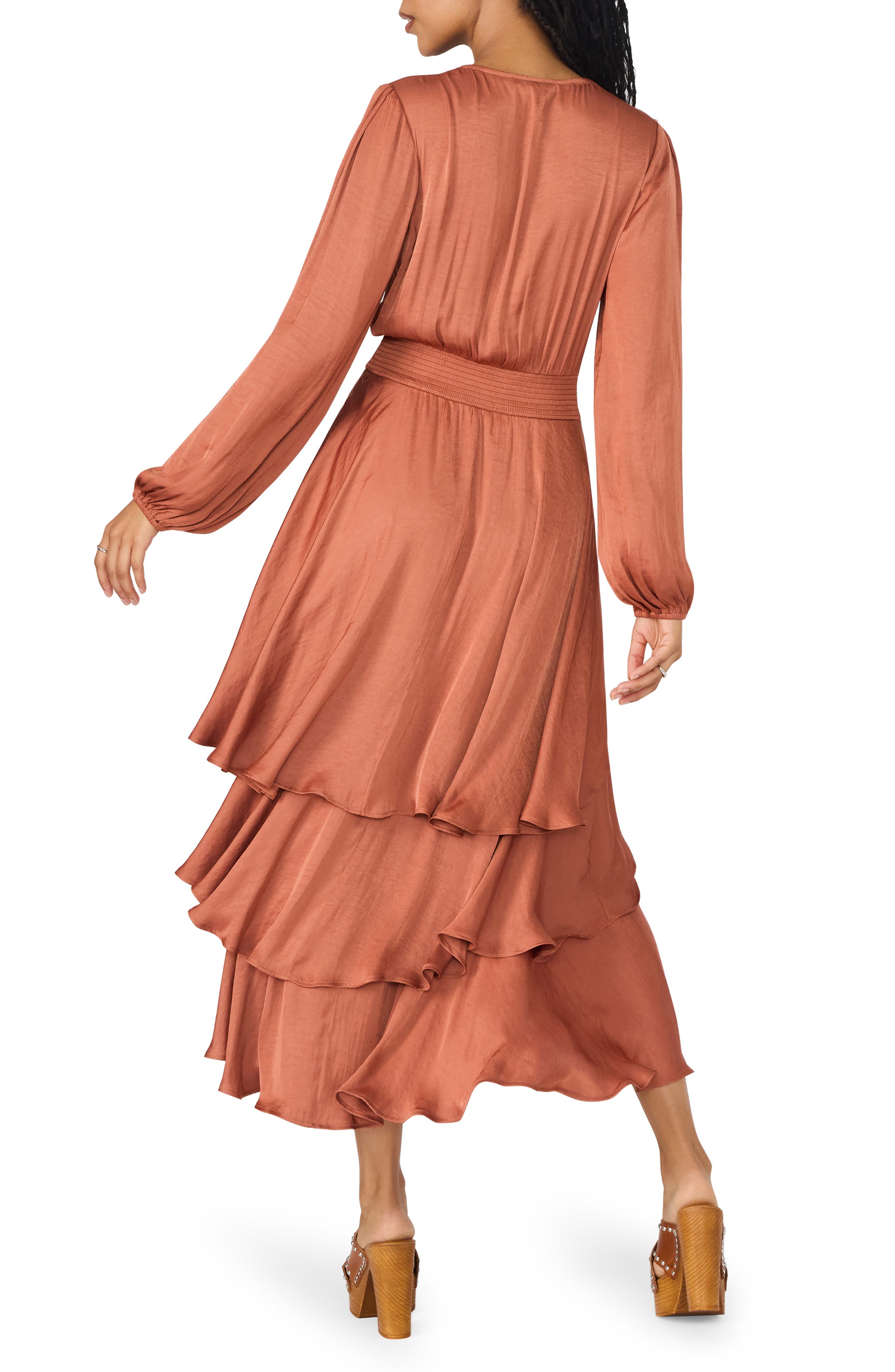 Steve Madden Bei Long Sleeve Tiered Satin Midi Dress