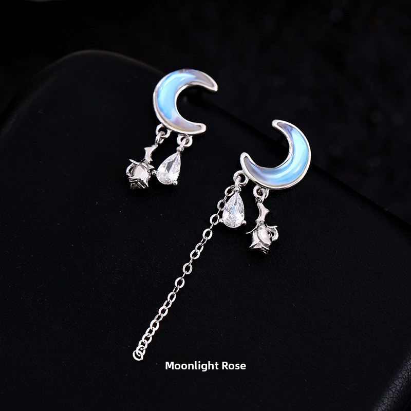 Original moon-shaped long earrings, 925 sterling silver, high-end design, Korean style, new moonstone tassel earrings, trendy Instagram style