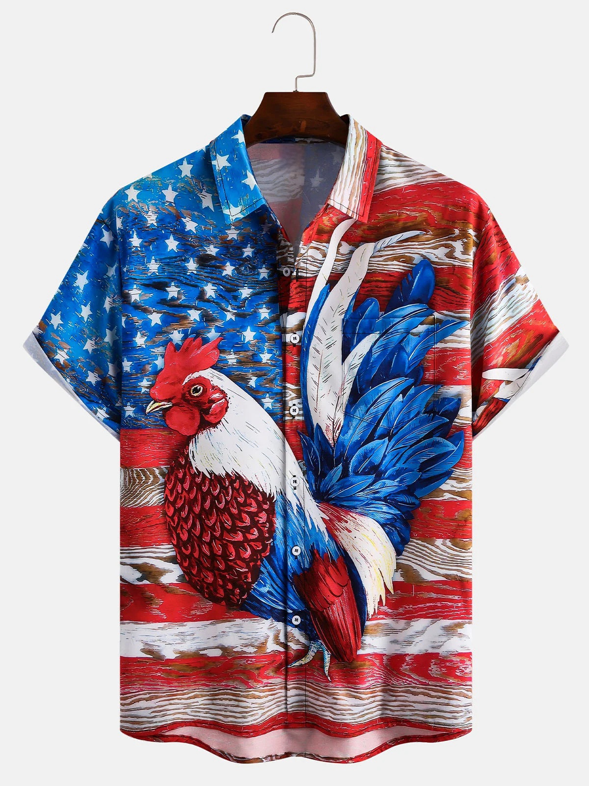Men's Flag and Rooster Print Casual Breathable Hawaiian Short Sleeve Shirt