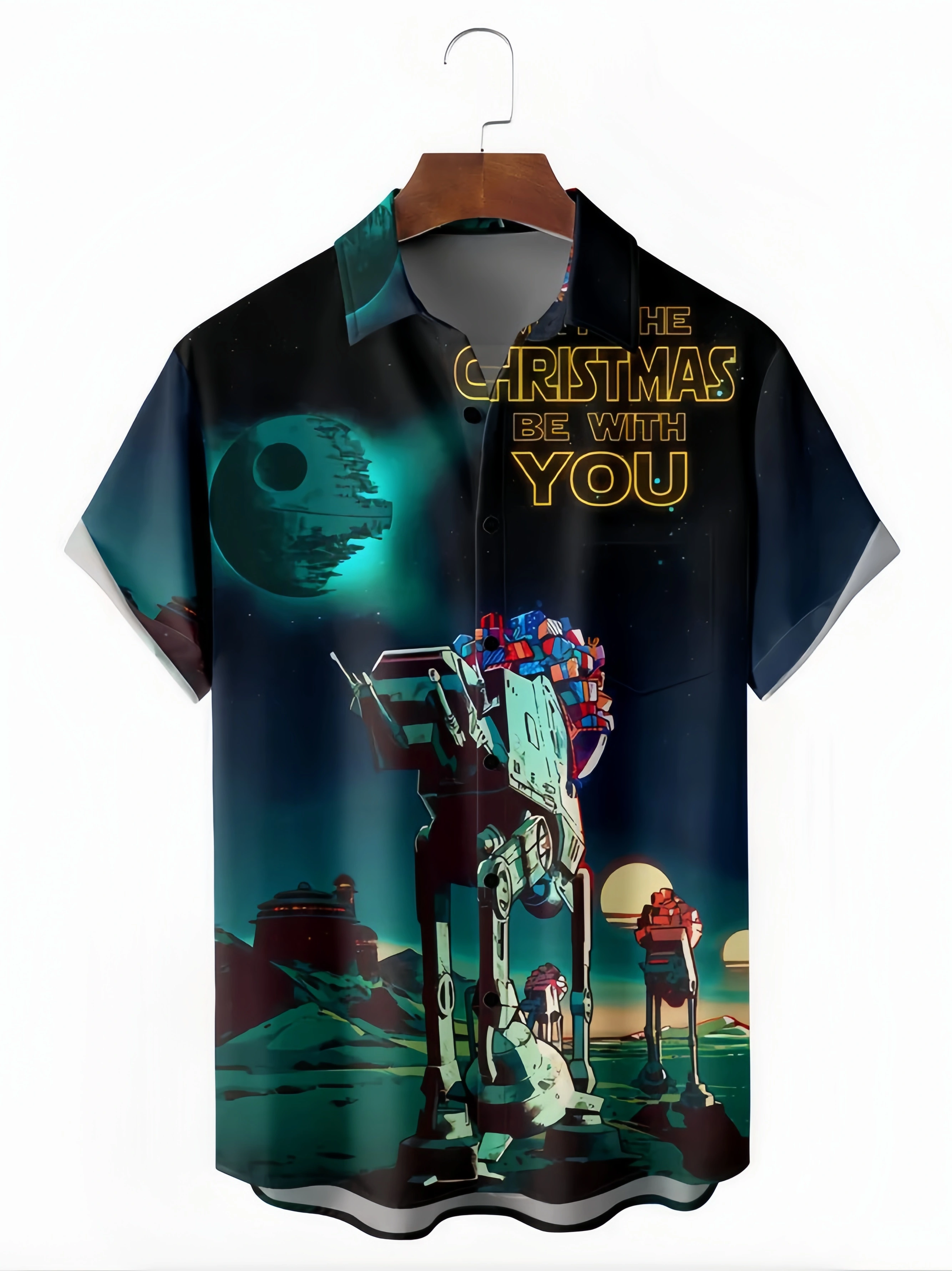 Christmas Robot Dog Chest Pocket Short Sleeve Casual Shirt