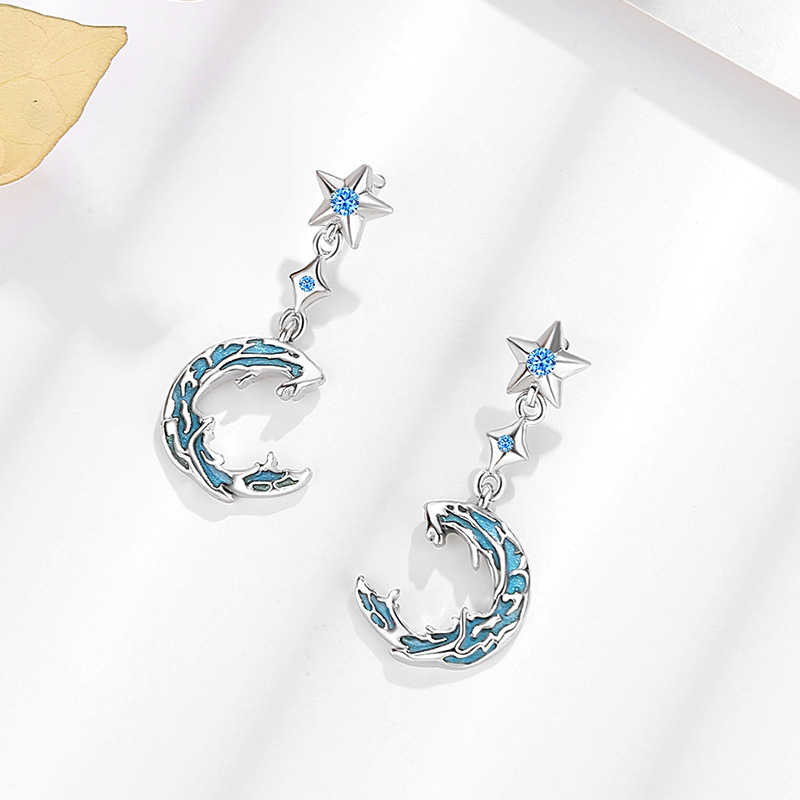 Original sterling silver wave, star, and moon earrings for women, niche design enamel resin star and moon earrings, tassel earrings, trendy