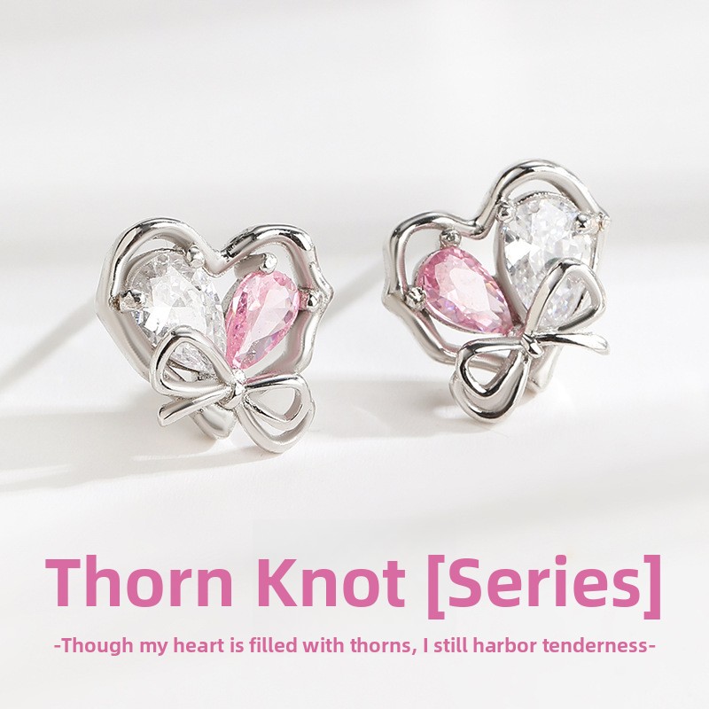 Original thorn knot earrings for women, made of 925 sterling silver, bow-shaped, with pink cubic zirconia, featuring a sweet and cool style, and trendy heart-shaped design