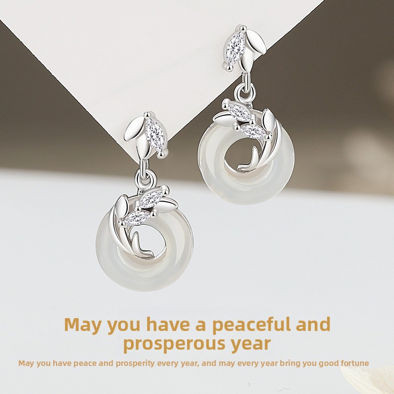 Original wheat-ear-shaped peace pendant earrings, made of pure silver, with a retro and modern Chinese style, featuring chalcedony pendants, elegant and stylish, perfect as a gift