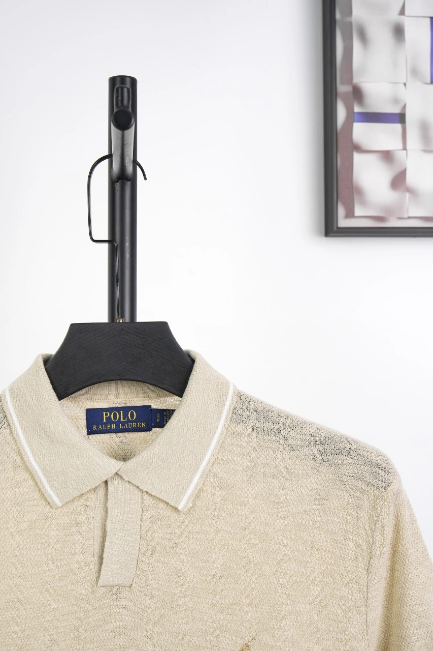 Ralph Lauren Beige Pony Embroidered Linen Johnny Collar Polo Shirt product photo from LabelPicks