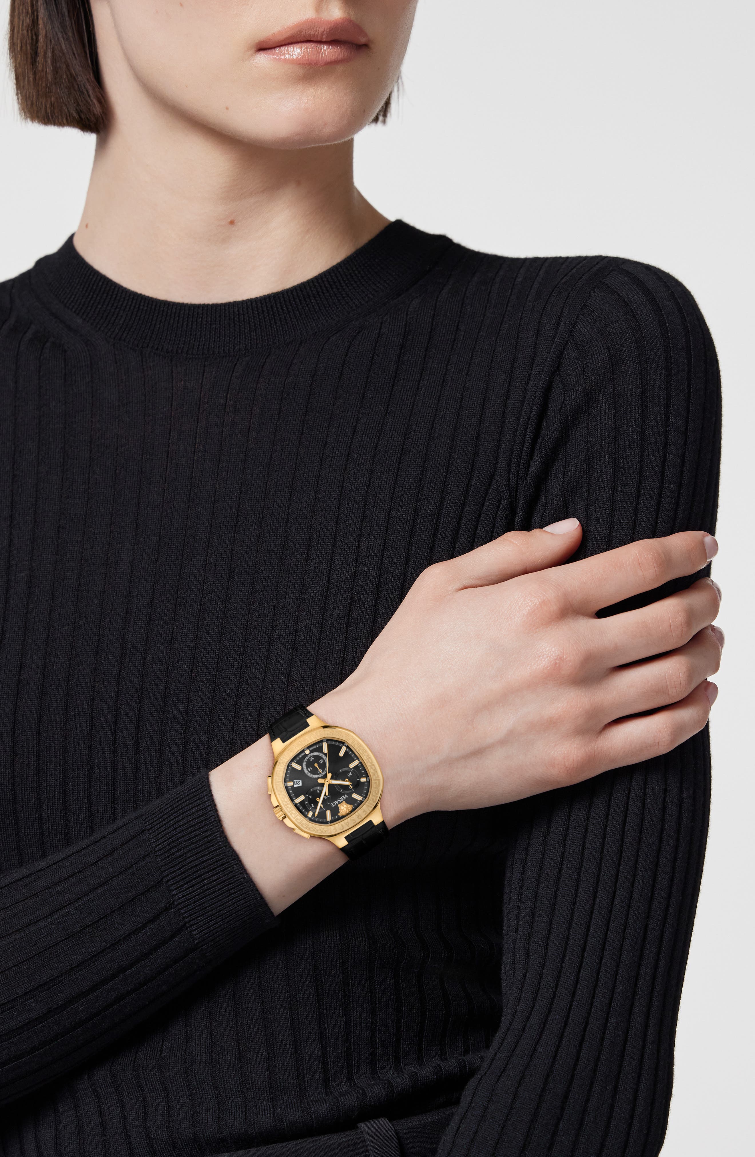 Versace V-Chrono Square Swiss Quartz Croc Embossed Leather Strap Watch, 40mm