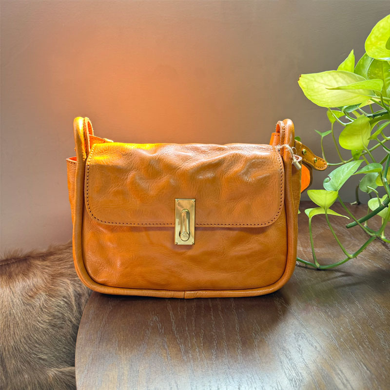 Orange Cognac Mini Flap Crossbody Purse
