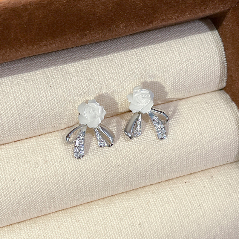 Original Ribbon Rose Earrings for Women, 925 Sterling Silver, Korean Style, Summer Fresh Bowknot White Mother-of-Pearl Earrings