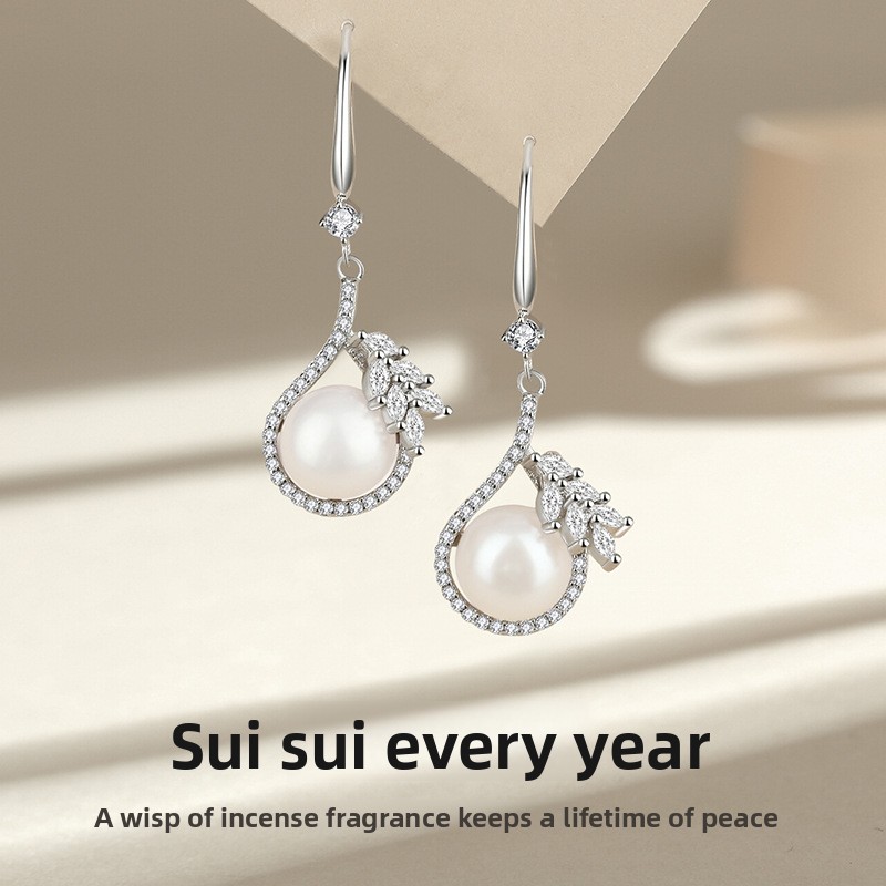 Original wheat ear pearl ear hooks, pure silver forest style Chanel-inspired water drop earrings, light luxury and high-end feel ear accessories