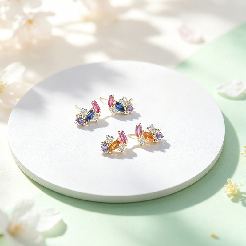 925 sterling silver spring flower earrings for women, featuring colorful cubic zirconia, small and delicate design, with a unique and sophisticated style