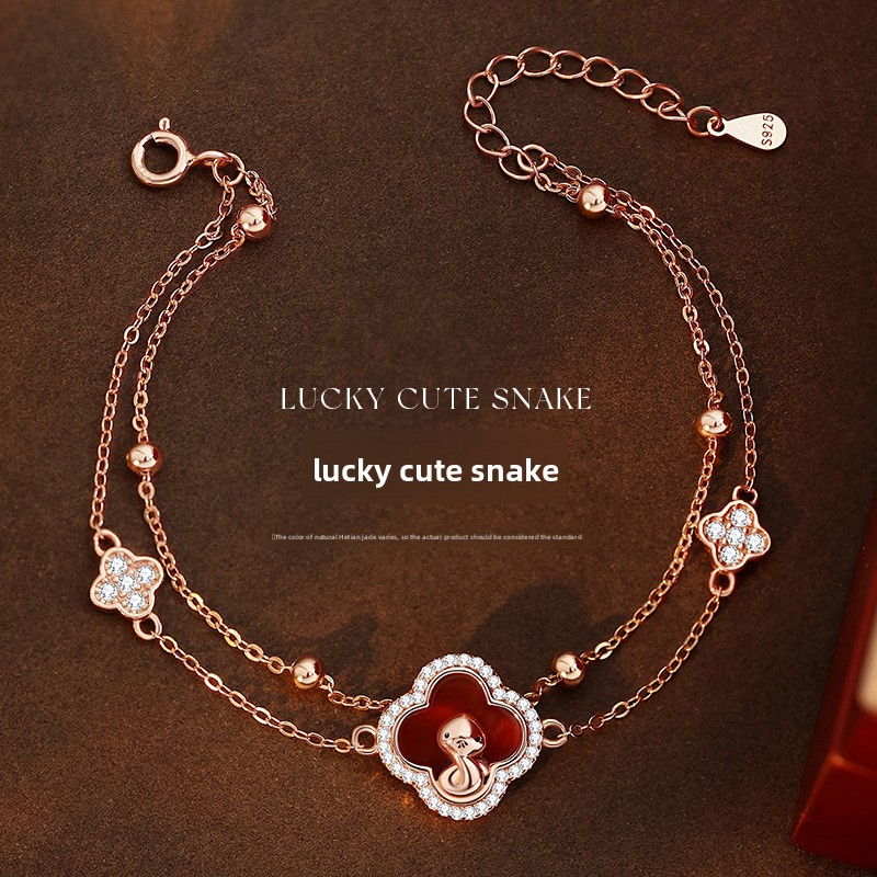 Original Lucky Snake Bracelet for Women, Pure Silver, New Chinese Style, New Year Snake Year, Double-Layer Bracelet, High-End Red Agate Jewelry