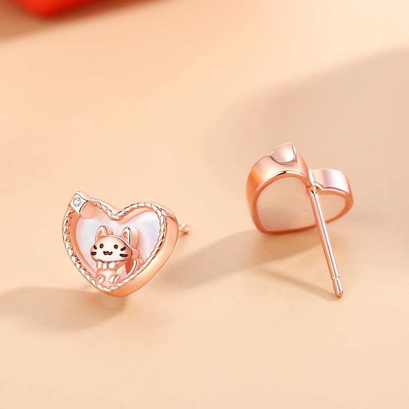 Original Sweetheart Cat Earrings for Women, Rose Gold Heart-Shaped Mother-of-Pearl Earrings, Niche Design for Girls and Best Friends