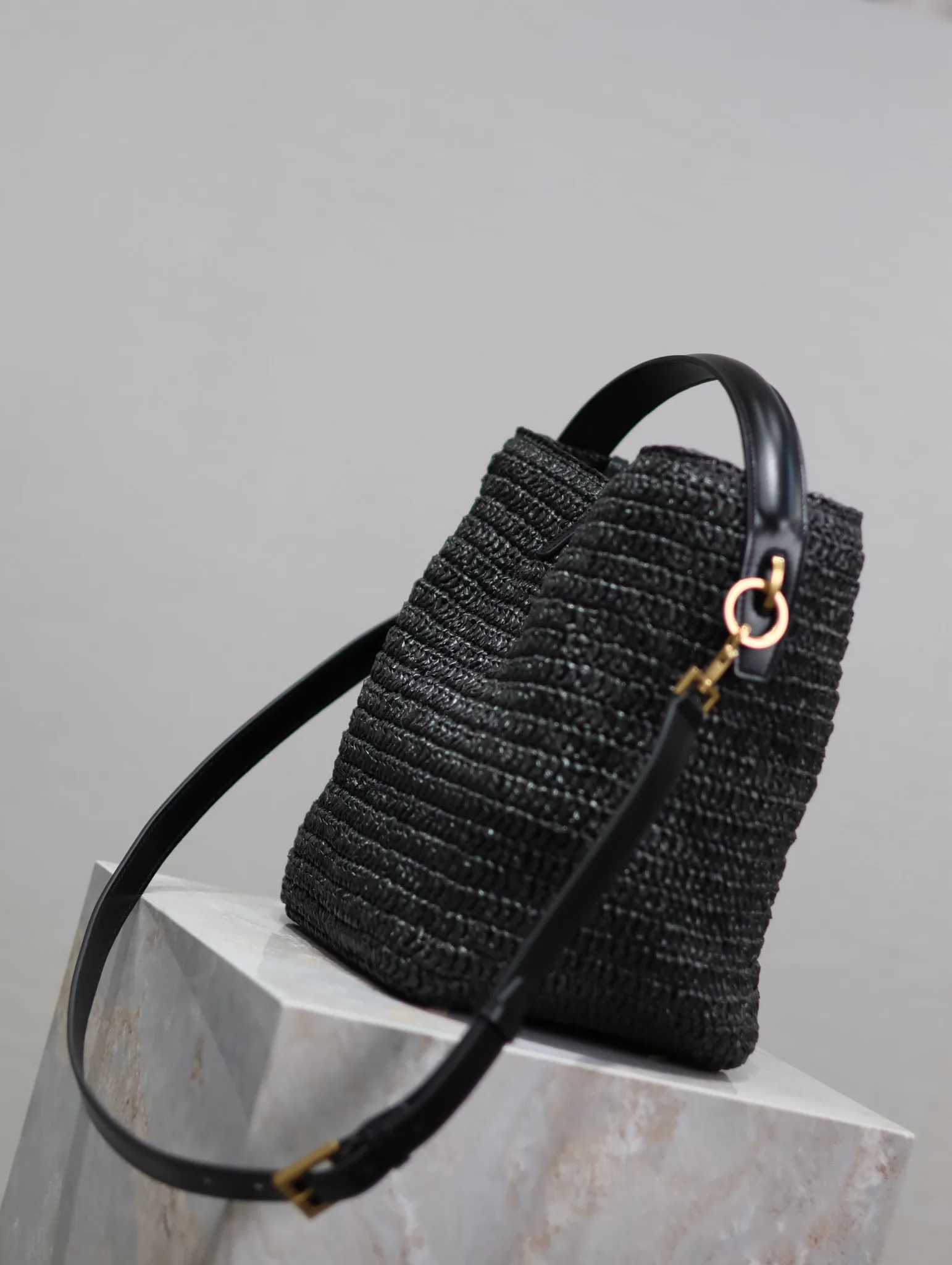 Saint Laurent Black Straw Woven Bucket Bag product photo from LabelPicks