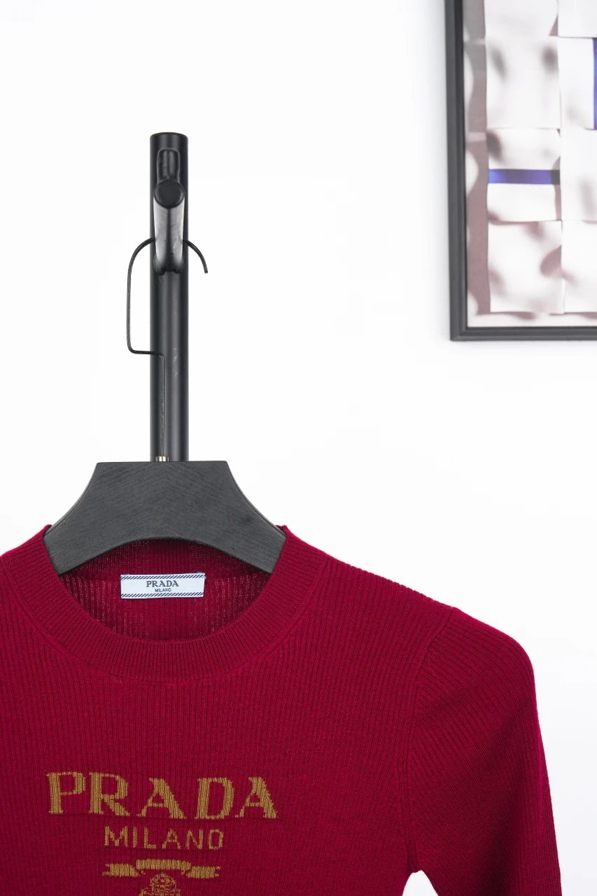 Prada Burgundy Recycled Silk Logo Jacquard Slim Knit Sweater product photo from LabelPicks