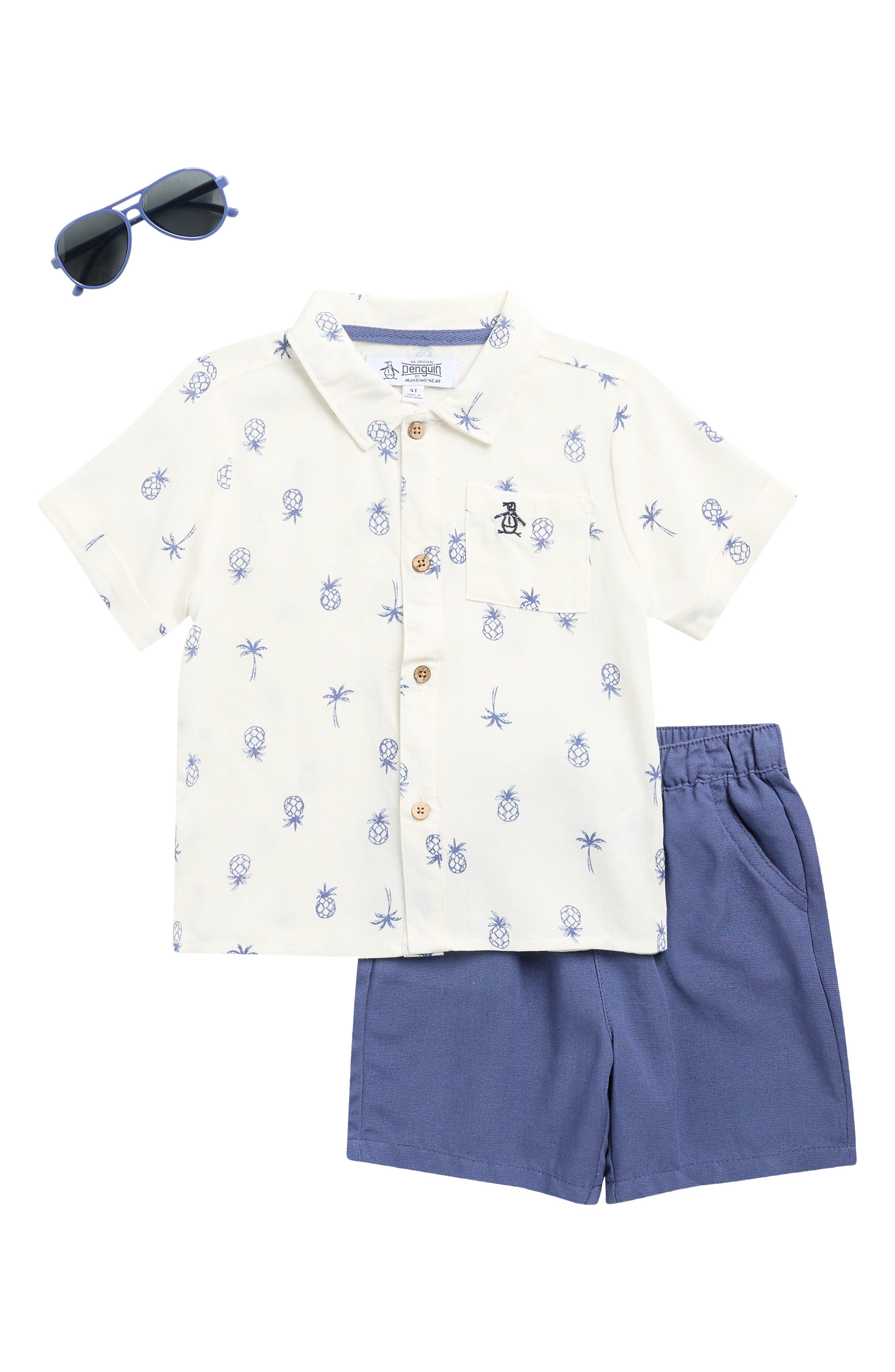 Original Penguin Kids' Short Sleeve Button-Up Camp Shirt, Shorts & Sunglasses Set