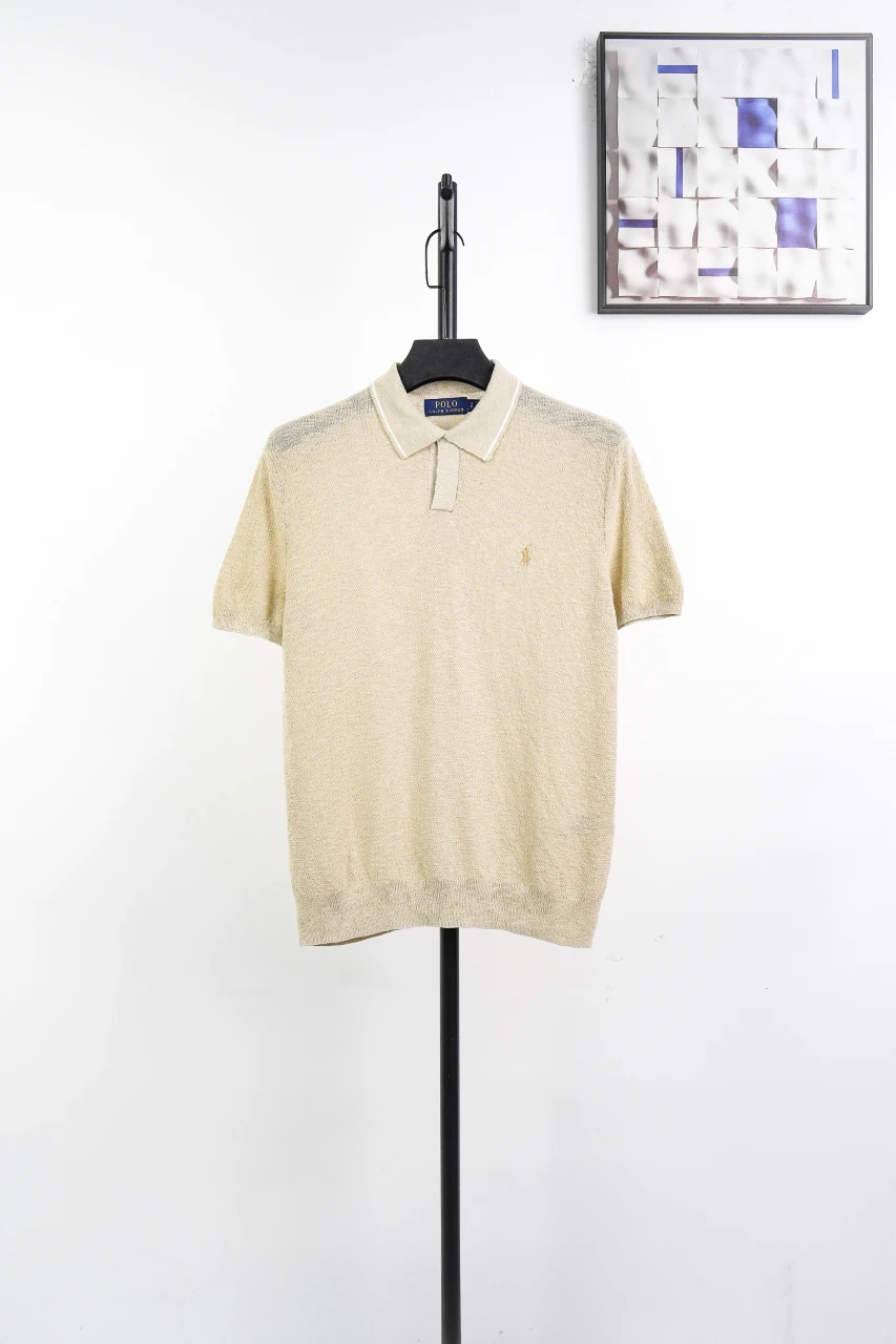 Ralph Lauren Beige Pony Embroidered Linen Johnny Collar Polo Shirt product photo from LabelPicks