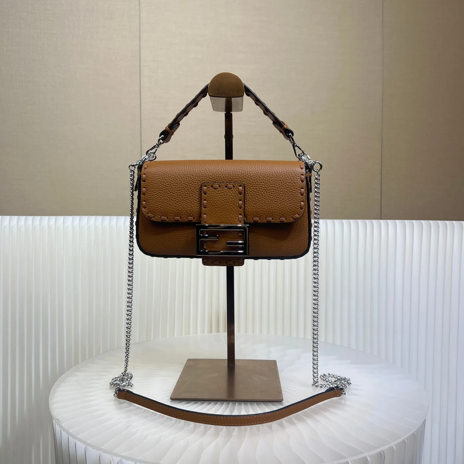 Fendi Brown Baguette Grained Leather Shoulder Bag product photo from LabelPicks
