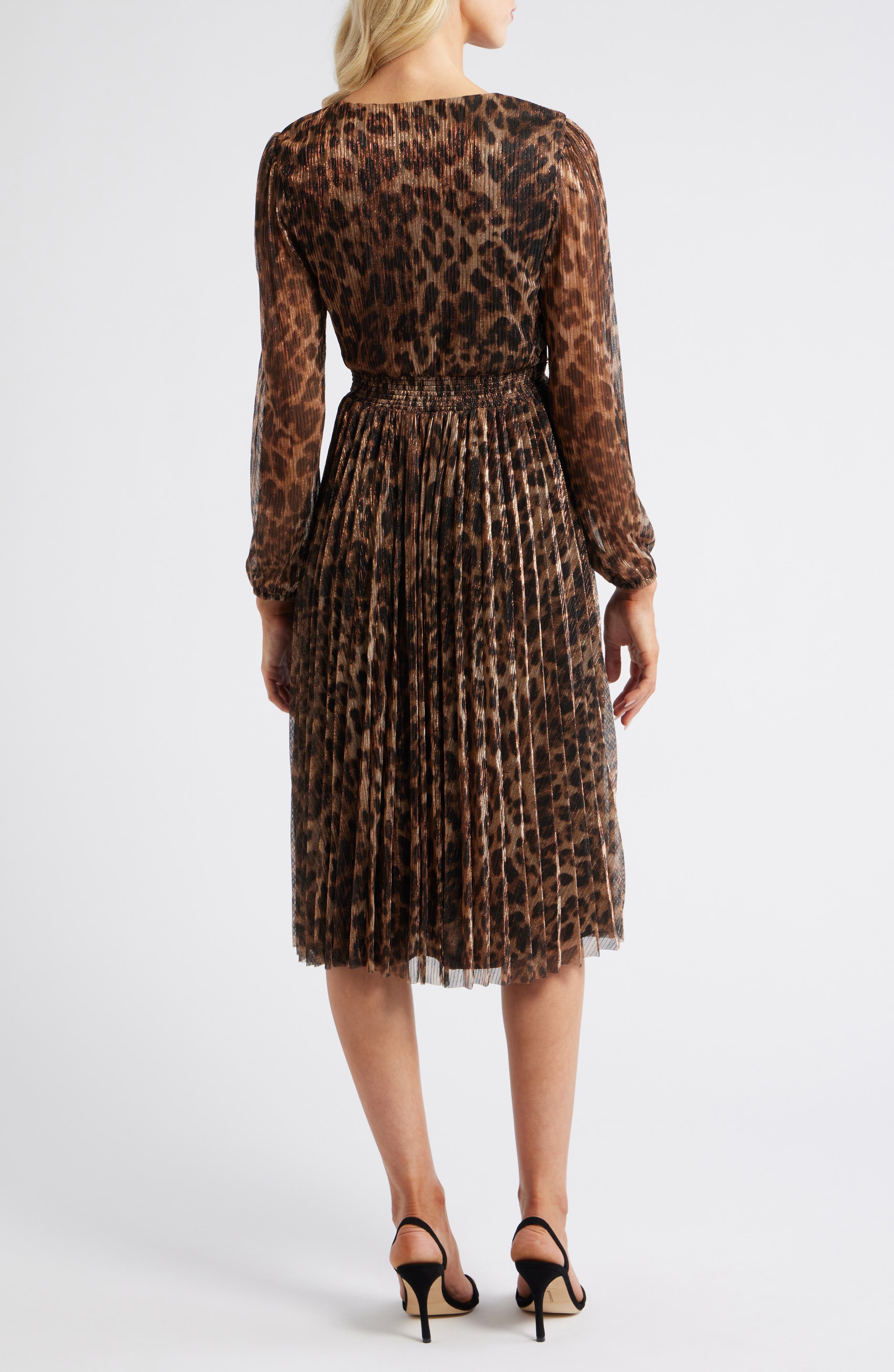 Halogen® Metallic Leopard Print Long Sleeve Midi Dress