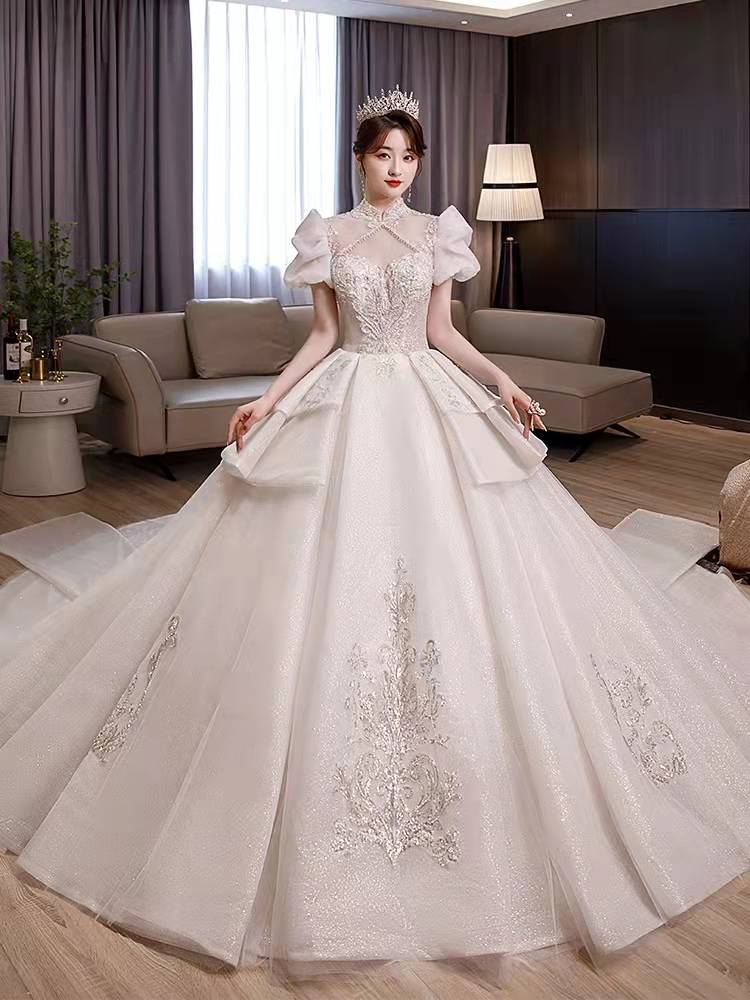 Premium court style main wedding dress 2021 long-sleeved luxury high-waisted ceremony yarn trailing wedding dress