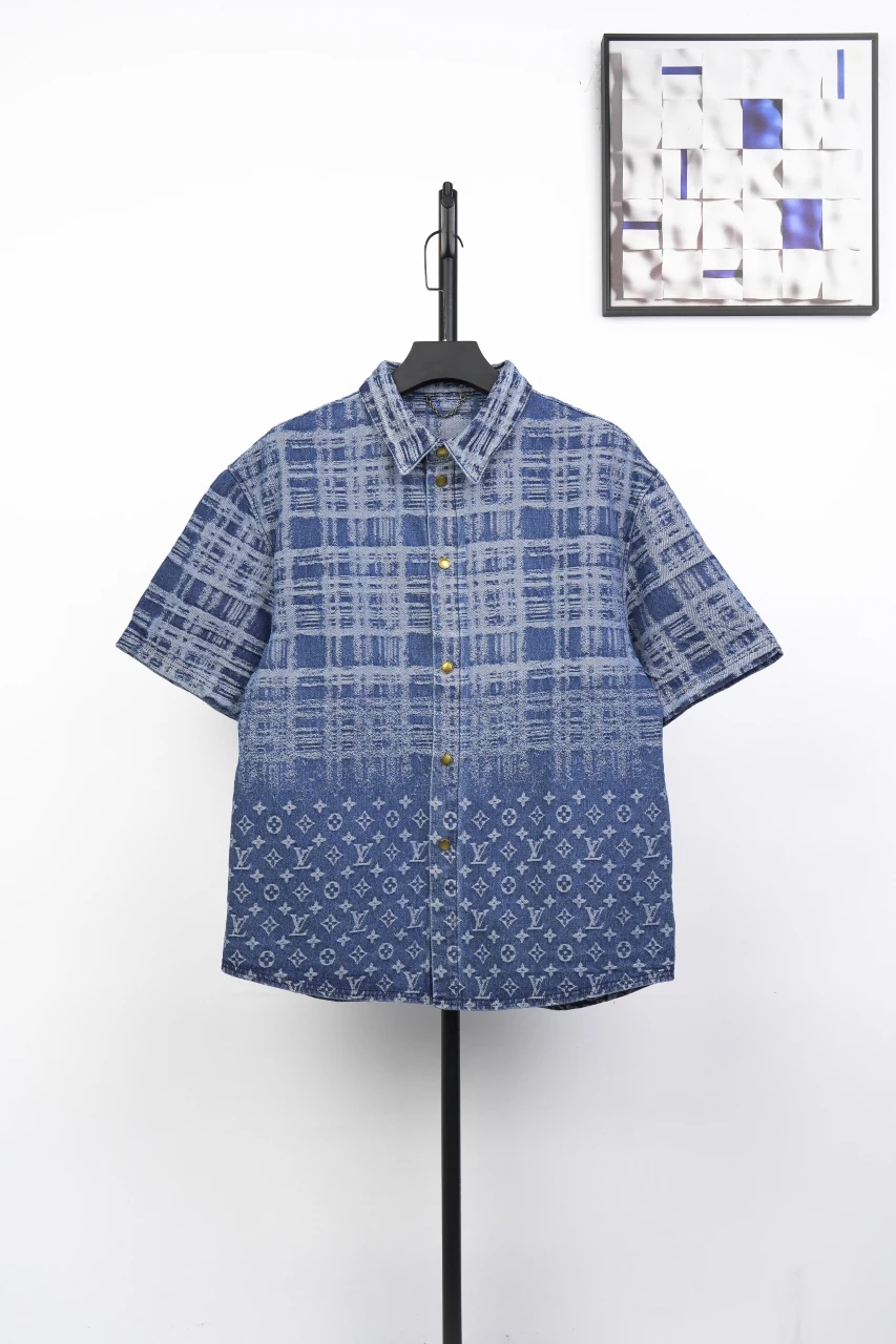Louis Vuitton Blue Distressed Gradient Jacquard Denim Short Sleeve Shirt product photo from LabelPicks