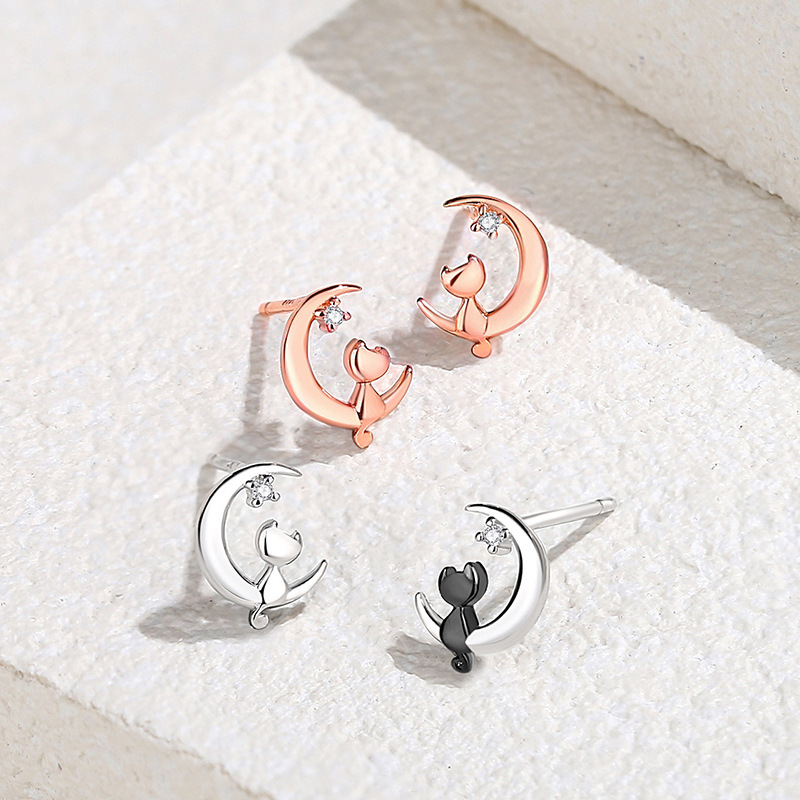 925 Sterling Silver Moon Cat Stud Earrings