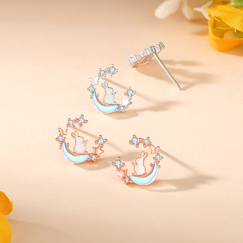 Original Moon Rabbit Earrings for Women, Pure Silver, Retro New Chinese Style, Moonstone, Star and Moon, Cute Rabbit Earrings, Girly Heart Jewelry