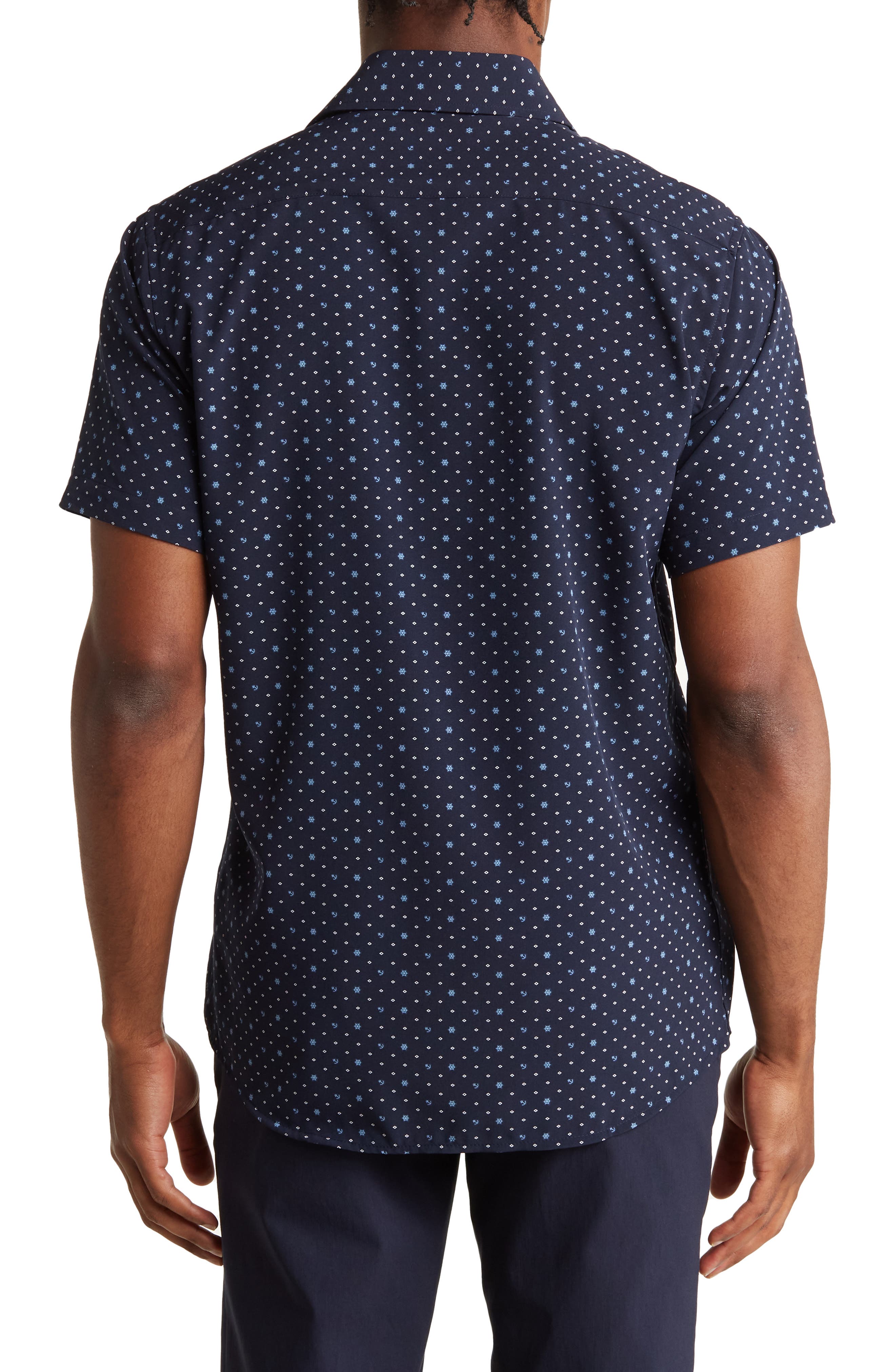 TOM BAINE Anchor Print Slim Fit Short Sleeve Performance Stretch Button-Up Shirt