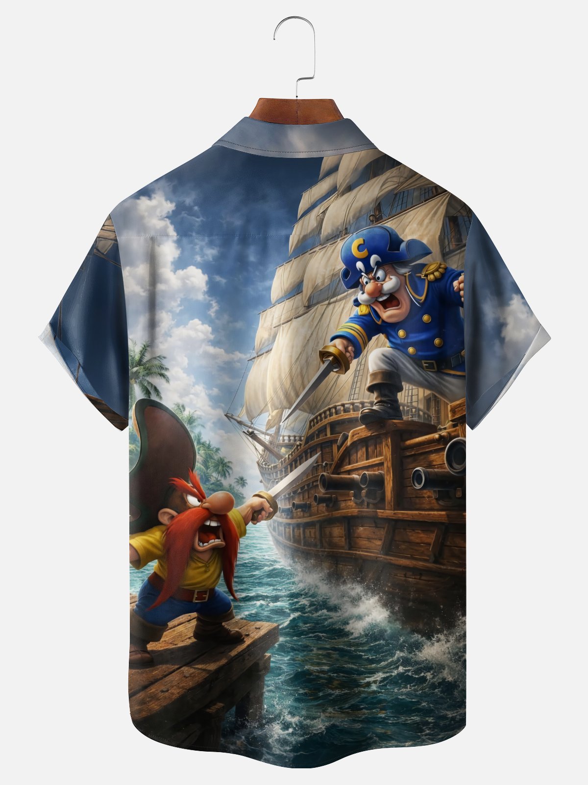 Moisture-Wicking Gradient-Color Dueling Pirates & Sailboats Design Chest Pocket Hawaiian Shirt