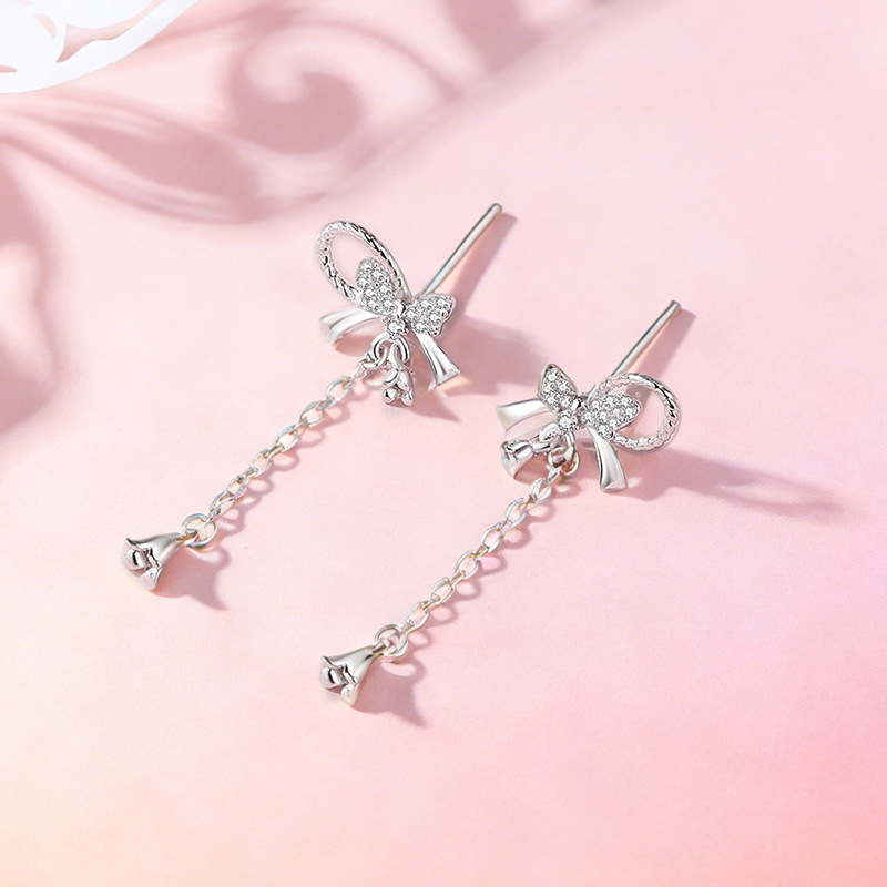 Original lily of the valley bow earrings for women, made of pure silver, featuring a sweet and fresh style, tassel design, and artistic details