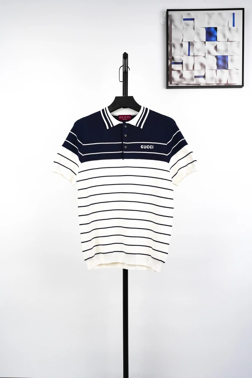 GUCCI Navy White Striped Jacquard Polo Shirt product photo from LabelPicks