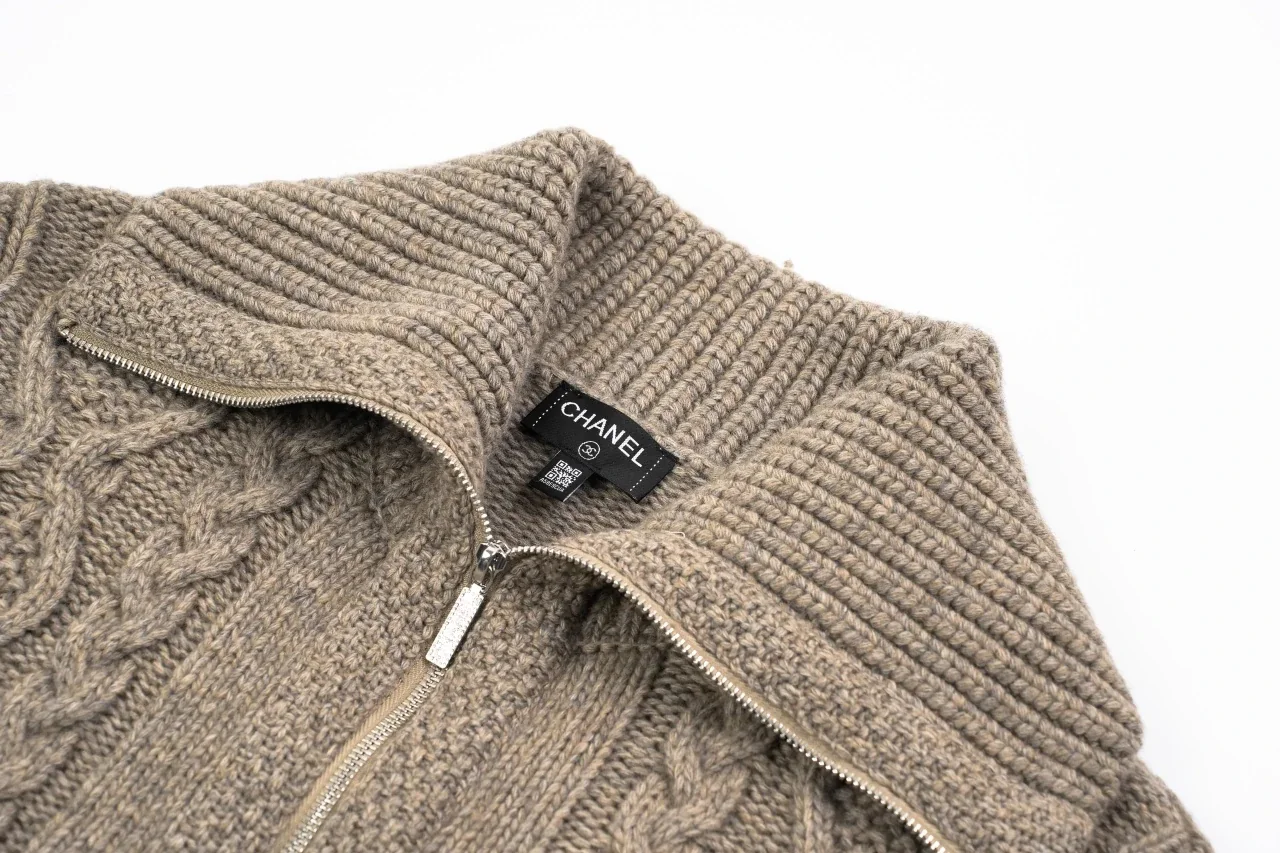 CHANEL Taupe Grey Cable-Knit Zip Jacket product photo from LabelPicks