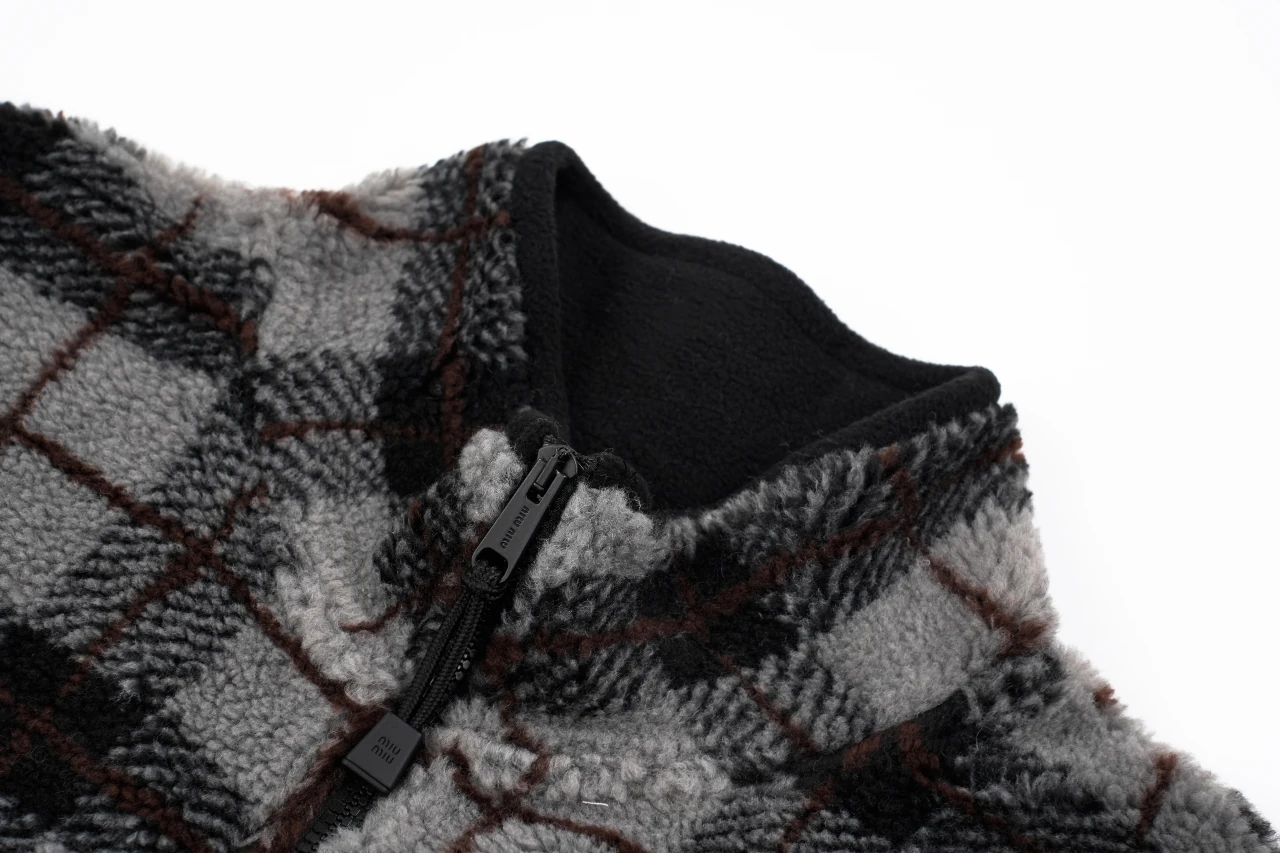Miu Miu Grey Black Check Fleece Zip Jacket product photo from LabelPicks