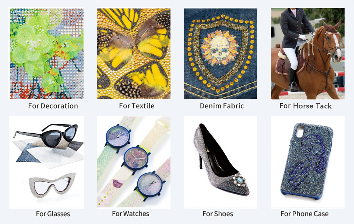 Crystal Fabric applied on dresses, handbags, shoes and home decor items