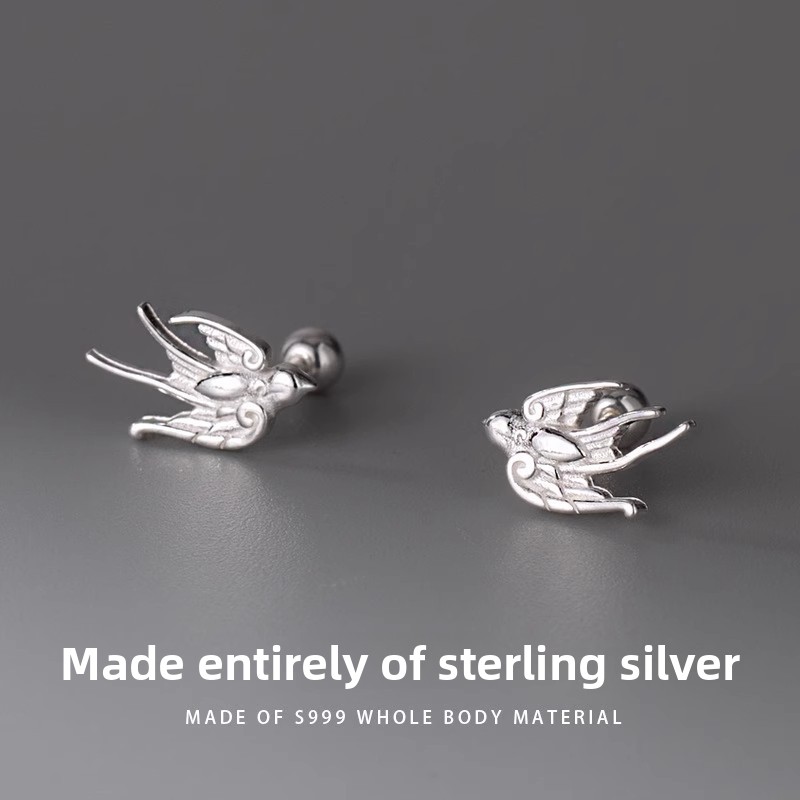 S999 pure silver swallow earrings, vintage and artistic, with a delicate screw-back design, featuring a unique bird motif