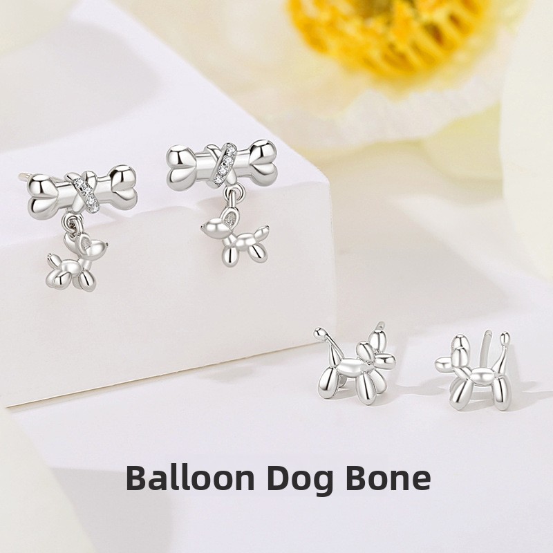 Original 925 sterling silver balloon dog bone earrings for women, featuring micro-paved cubic zirconia and tassel designs, trendy Instagram-style jewelry